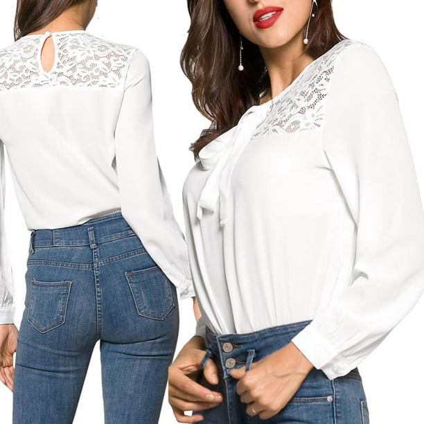 Mujer Damas Casual Camisa manga larga Tops Blusa S Blanco S Yuyangstore Camisa de gasa | Walmart en línea