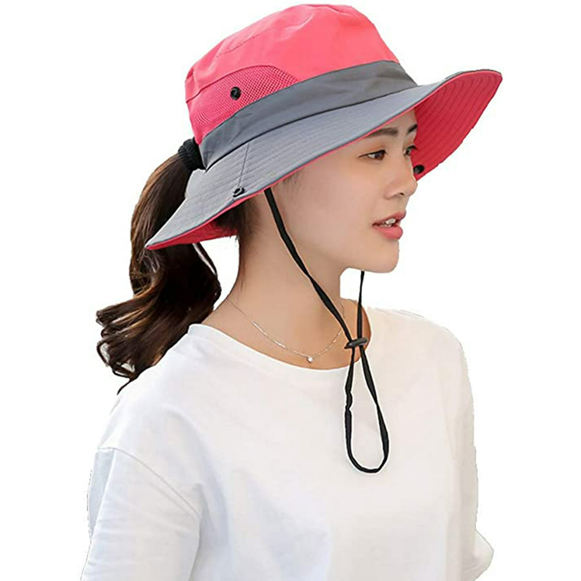 Sombreros para el sol de ala ancha con protección UV para mujer - Gorra con  orificio para cola de caballo de malla de enfriamiento Sombrero de pesca al  aire libre plegable para