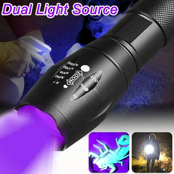 Linterna de luz Dual blanca púrpura, linterna ultravioleta retráctil con  Zoom, lámpara de iluminación de detección de agente fluorescente