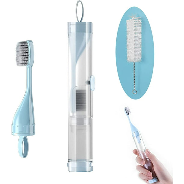 FSEN - Cepillo de dientes portátil de viaje, 3 en 1 con estuche de viaje y  cerdas extra suaves y kit de tubo de pasta de dientes recargable integrado