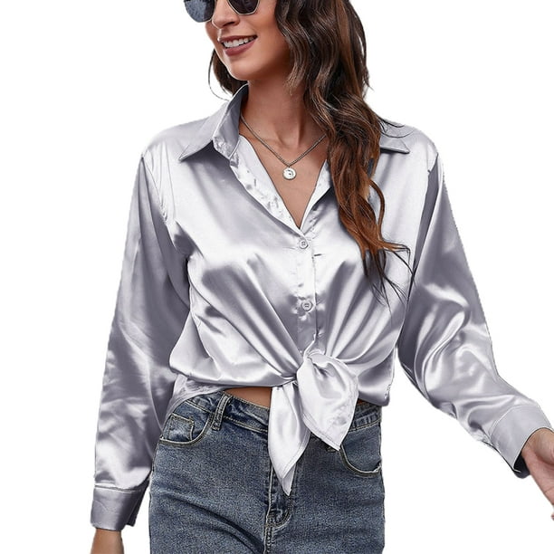 Camisa de manga larga con botones de seda de imitación de satén para mujer  Top de blusa de trabajo formal - Gris Zhivalor BST3000040-2