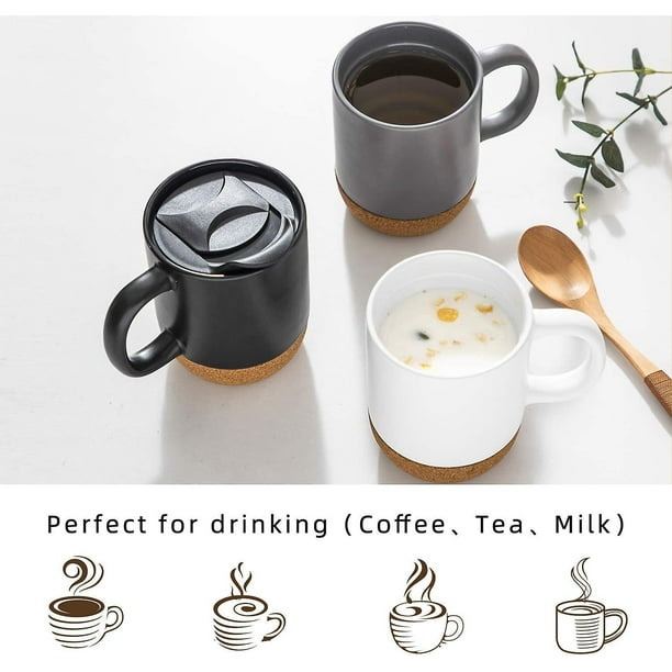Tazas de café de 15 oz, tazas grandes de cerámica, juego de tazas con fondo  de corcho aislado y tapa a prueba de salpicaduras para hombres, mujeres,  café, té, negro