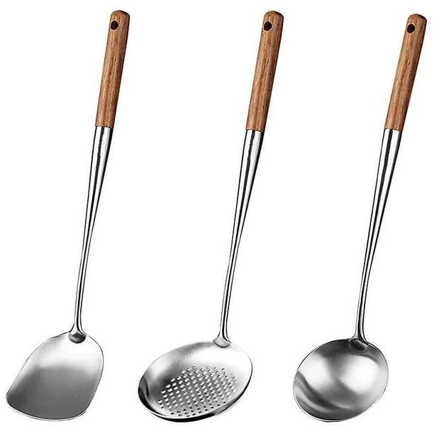 KK5 Juego de utensilios de cocina de acero inoxidable, cucharón de sopa y  espátula, herramientas de wok, espátula ranurada, cuchara espumadora,  paleta