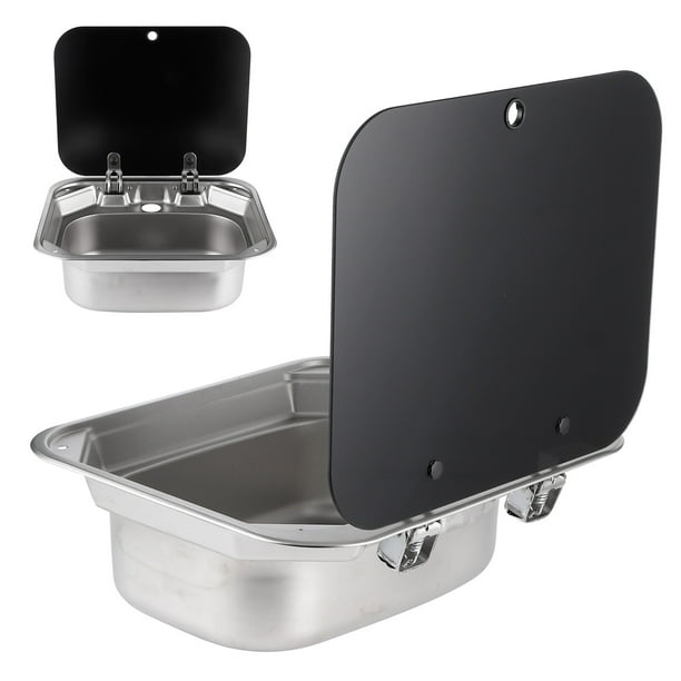 Fregadero cuadrado de acero inoxidable, lavabo individual de cocina  plegable con tapa de vidrio templado para caravana RV Ticfox