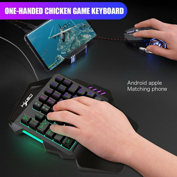 Combo de teclado RGB para juegos de una mano y mouse retroiluminado,  teclado de sensación mecánica de una sola mano con soporte para  reposamuñecas