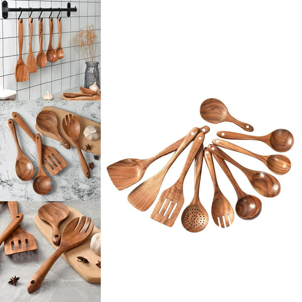 Cucharas de madera para cocinar, juego de utensilios de cocina  antiadherentes, espátulas de madera de 5 piezas, herramientas de cocina  hechas de teca
