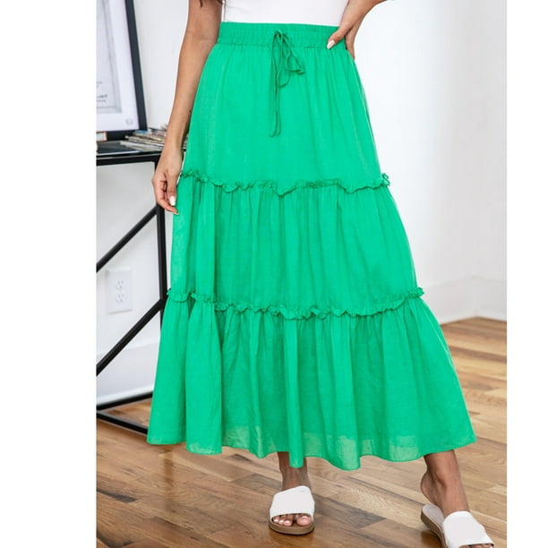  Falda larga de verano de color sólido para mujer, cintura alta,  elástica, sin botones, falda larga acampanada, falda de playa con vuelo,  Verde : Ropa, Zapatos y Joyería