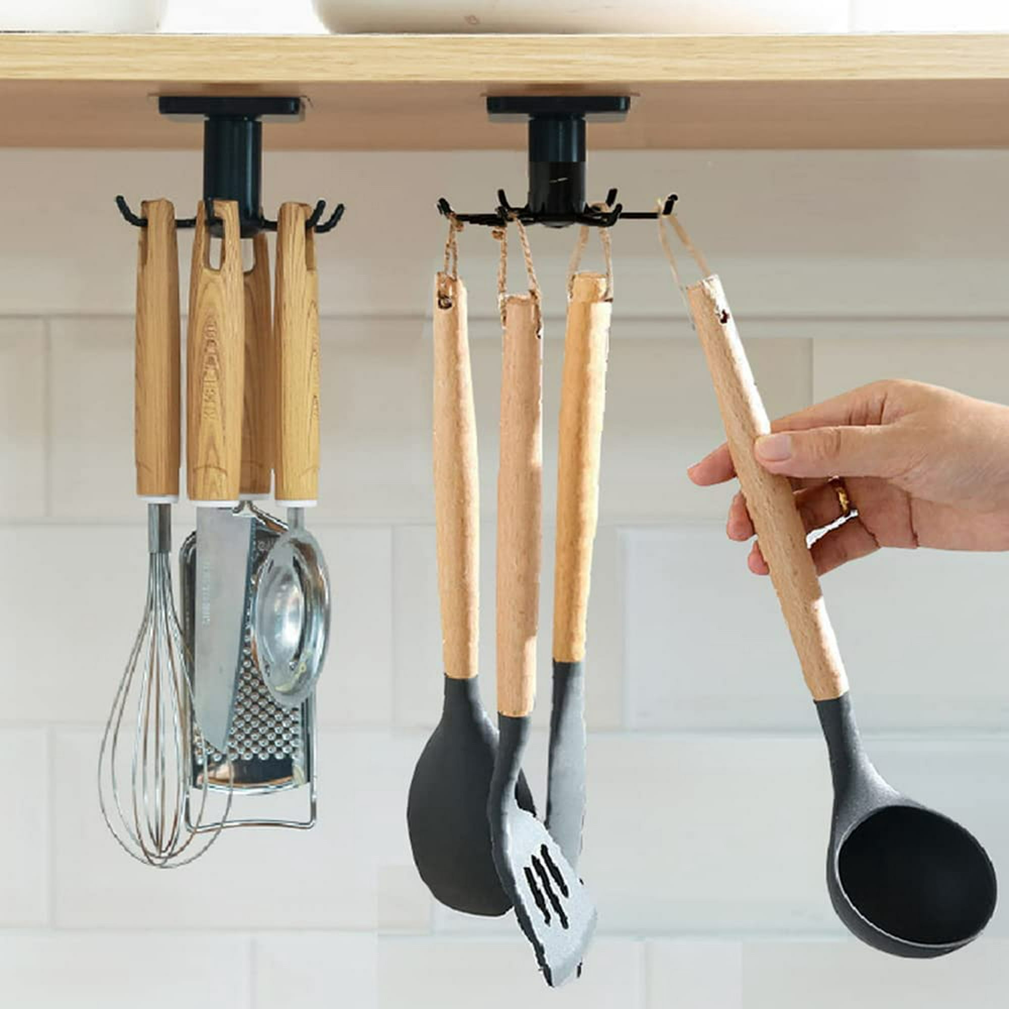 Colgador de utensilios de cocina con 6 ganchos, paquete de 2 soportes para  utensilios de cocina giratorios de 360°, estante para utensilios de cocina