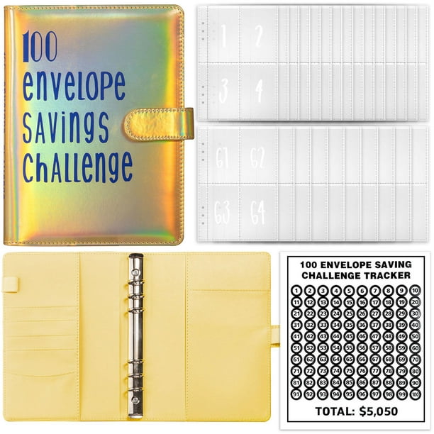 100 sobres Carpeta de desafíos para ahorrar dinero, libreta de ahorro,  planificación y ahorro Amarillo brillo Cola Carpeta de desafíos de ahorro