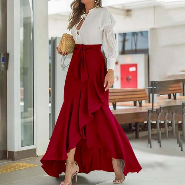 Faldas largas Falda larga casual para damas Una línea Asimétrica Color  sólido Estilo sexy Traje diario Ygjytge Vino rojo T M para Mujer