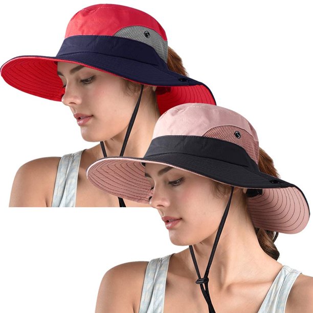 Sombrero de sol de safari con cola de caballo para mujer,Sombrero de cubo  para exteriores con protección UV de ala ancha,Sombrero de pesca plegable  para playa y verano