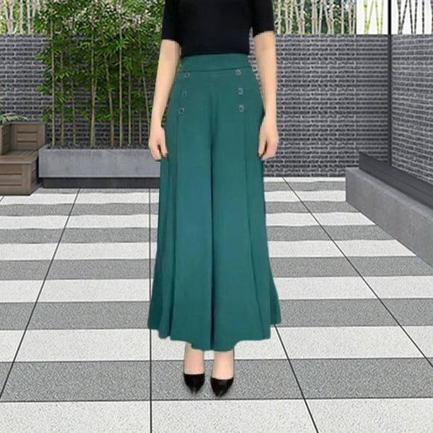  Pantalones palazzo de pierna ancha para mujer, de cintura alta,  plisados, casuales, para el trabajo (verde, XL) : Ropa, Zapatos y Joyería