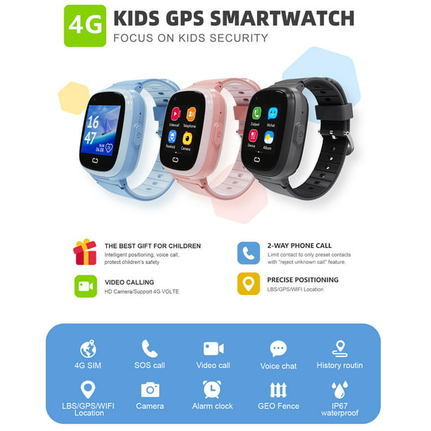 Reloj inteligente para niños, 4G WiFi GPS LBS Tracker SOS Llamada