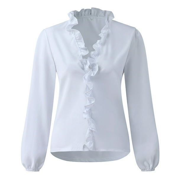 Clearance! Women Casual Full Sleeve V-Neck Tops Loose Shirts Plus Size Women  Clothing White XXL 