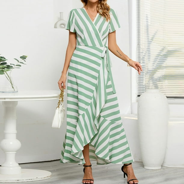 Vestido Largo Con Vuelo Vestidos casuales para mujer Vestido elegante estampado de rayas, delgado y grande (Verde XXL) Cgtredaw Para estrenar | Walmart en línea