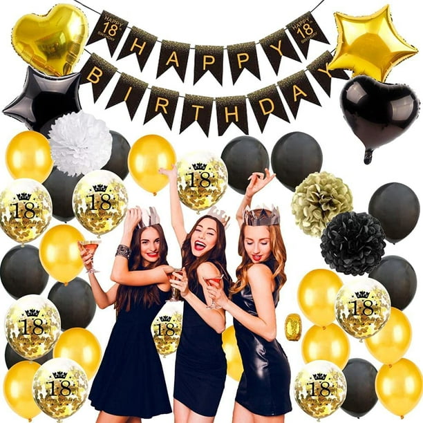 Kit de decoración de fiesta de cumpleaños de 18 años color negro dorado  brillante para decoración de fiesta de 18 cumpleaños globos colgantes de 18  – Yaxa Store
