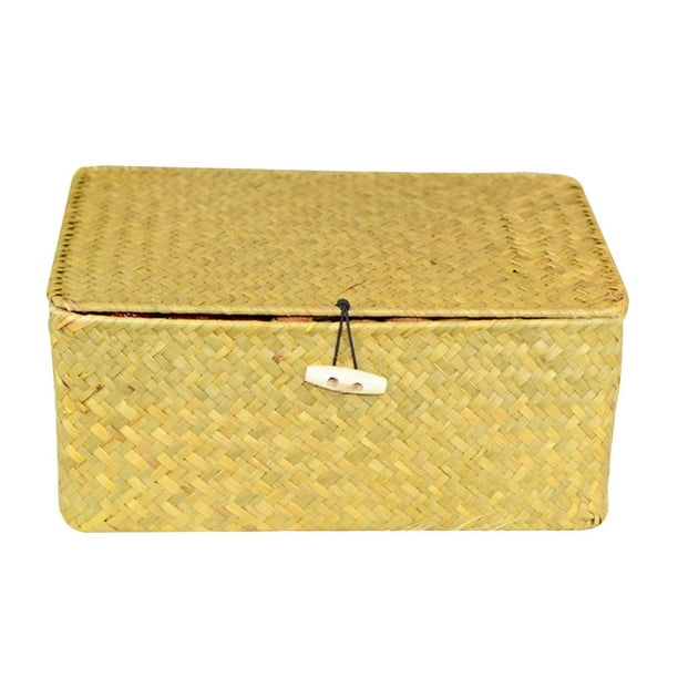 Caja de almacenamiento de mimbre con tapa, caja de almacenamiento de ratán  tejido a mano natural, cajas organizadoras rectangulares para el hogar