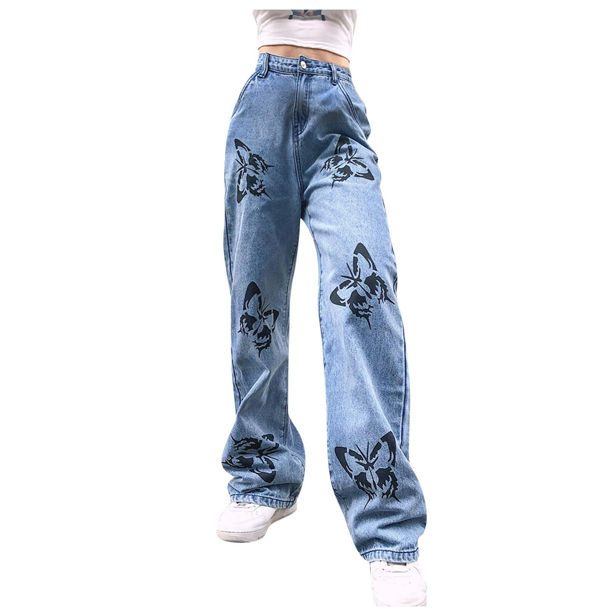 Gibobby Jeans dama cintura alta Pantalones estampados Pantalones de Jeans  Casual Mujer Pantalones largos con correa de bolsillo(Azul oscuro,XL)