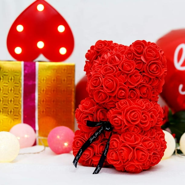 Relaxdays Oso de Rosas, con Corazón, San Valentín Regalos Mujer Originales,  Caja, 300 Flores Espuma Suave, Rojo y Blanco