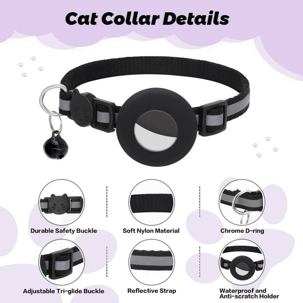 Collar Airtag para gato, collar de gato con campana y hebilla de seguridad  de 3/8 pulgadas de ancho, collar reflectante con soporte impermeable para