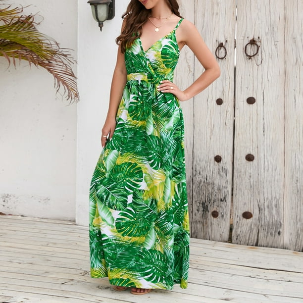 Vestido Largo Vestido largo de playa para mujer, cuello en V, vestido  suelto, línea A, cintura alta elástica para vacaciones Ygjytge Verde Xl  para Mujer