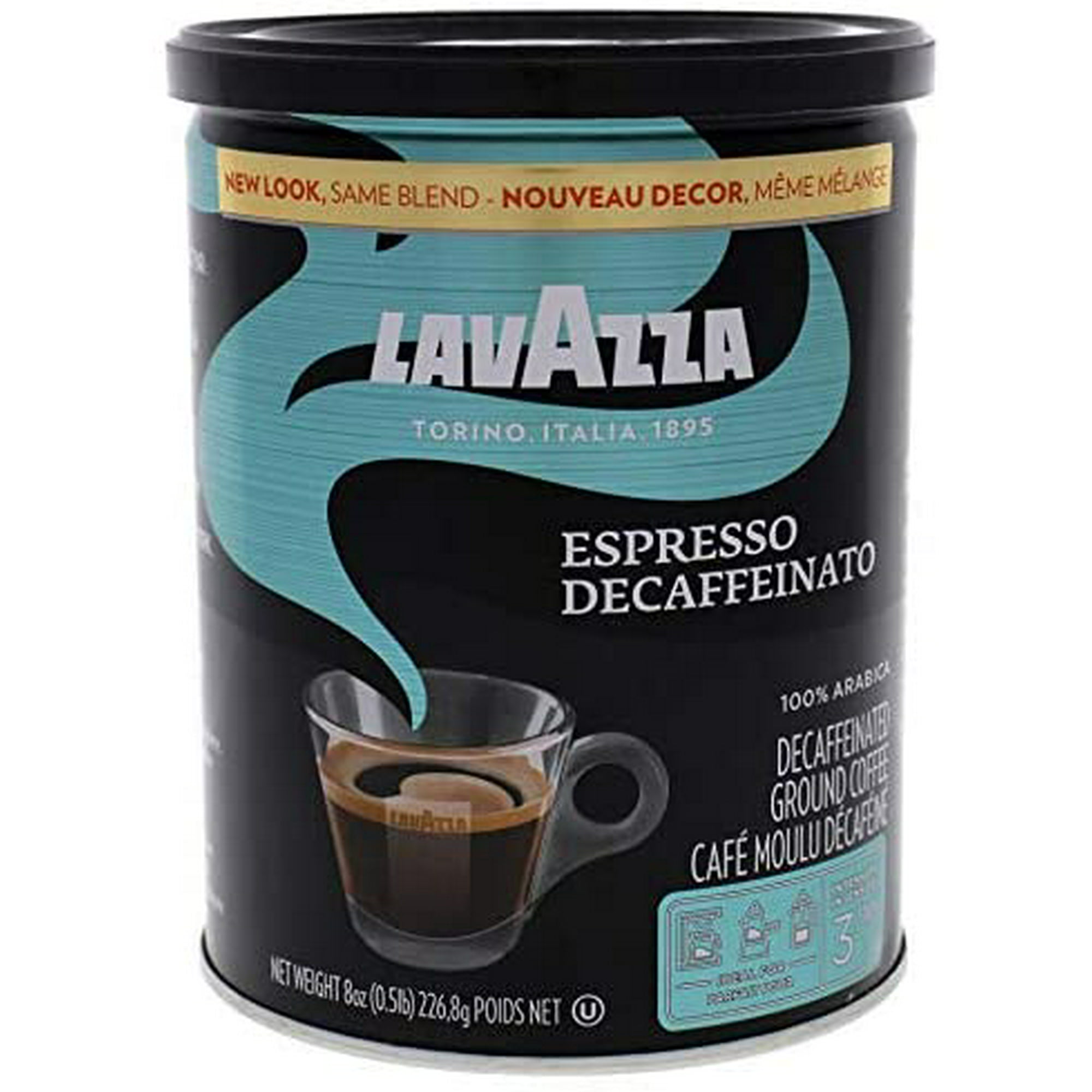 Lavazza Espresso molido descafeinado, tostado medio, latas de 8 onzas  (paquete de 4) - Auténtico italiano, sin OMG, dulce y afrutado
