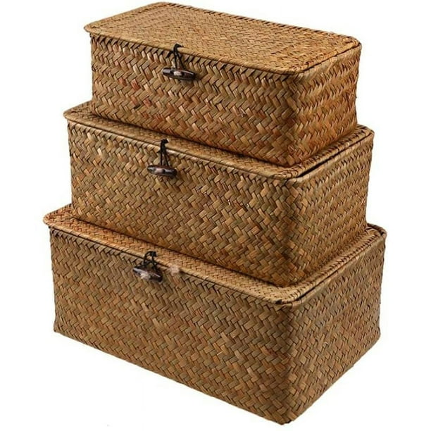 Pack de 2 cestas con tapa de materiales naturales marrón