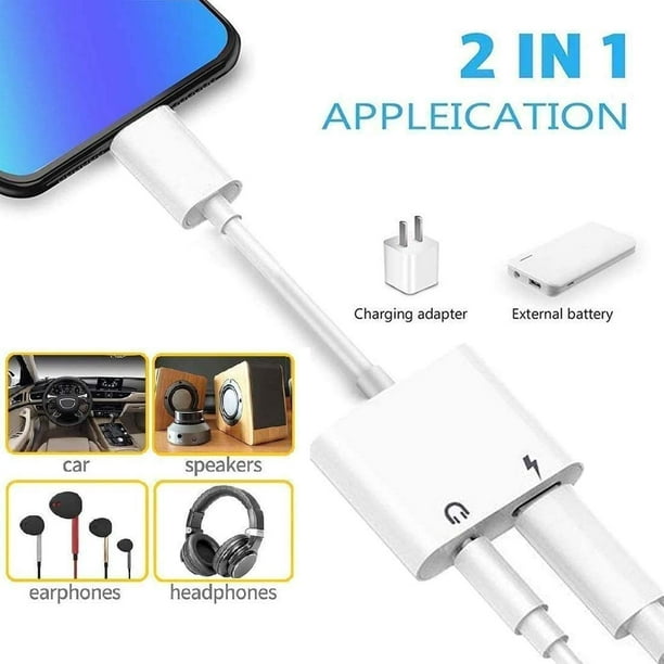 Convertidor compatible con adaptador de auriculares iPhone compatible con  Lightning doble a conector de audio y cargador divisor de carga de
