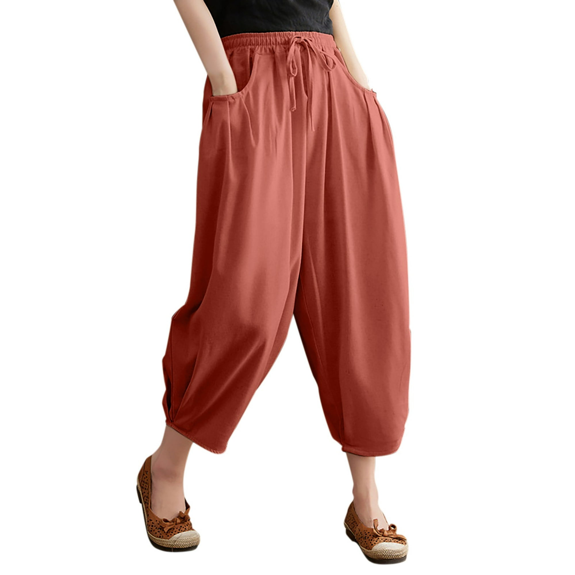 Comprar Pantalones de lino de color liso con cordones y cintura