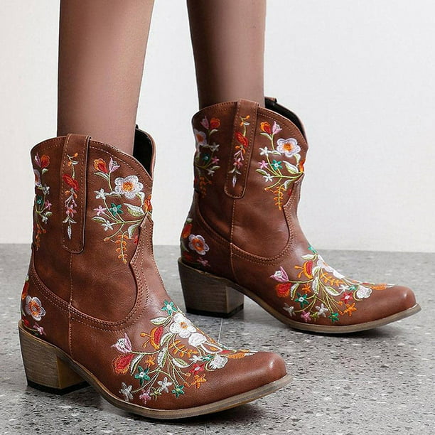 Botas de montar vaquero bordadas a moda para mujer, botas cortas de tubo medio de tacón medio Wmkox8yii sdhk115 | Walmart en