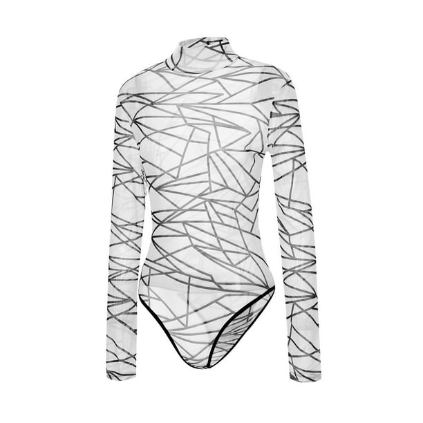 VISgogo Body transparente para mujer, estampado geométrico, cuello