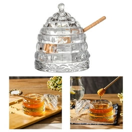 Tarro de miel con 2 cucharas: plato de miel con forma de colmena de cristal  con palo, tarro de miel y tapa
