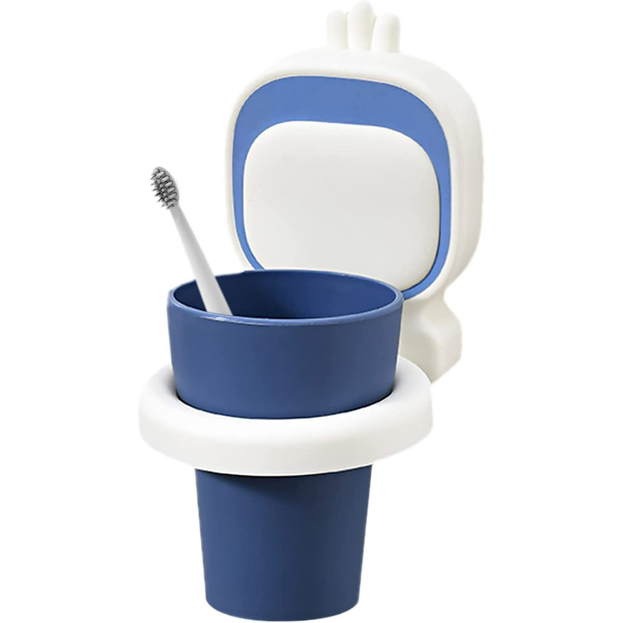 Cepillo de dientes, vaso de baño, vaso de cepillo de dientes para niños,  con portavasos, no requiere perforación, para baño, inodoro (azul)