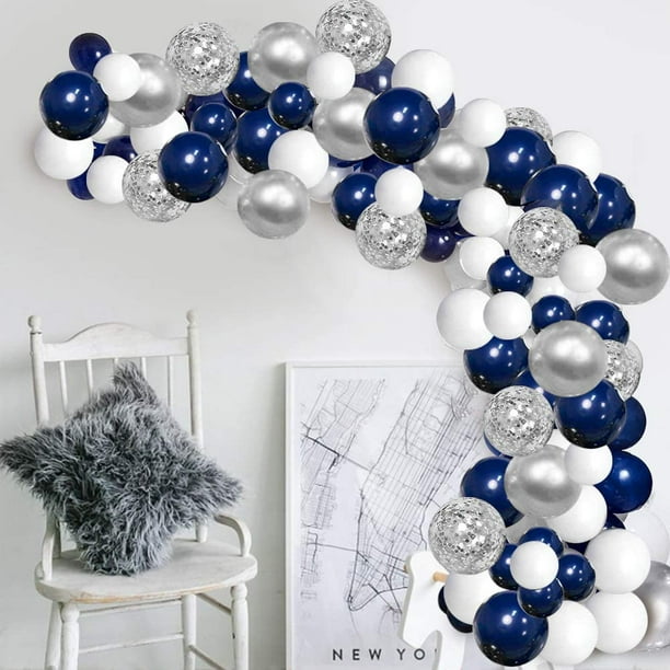Globos de color azul real y blanco negro, globos azul claro, plateado, 50  globos azules de 12 pulgadas, kit de guirnalda de globos azules de 12