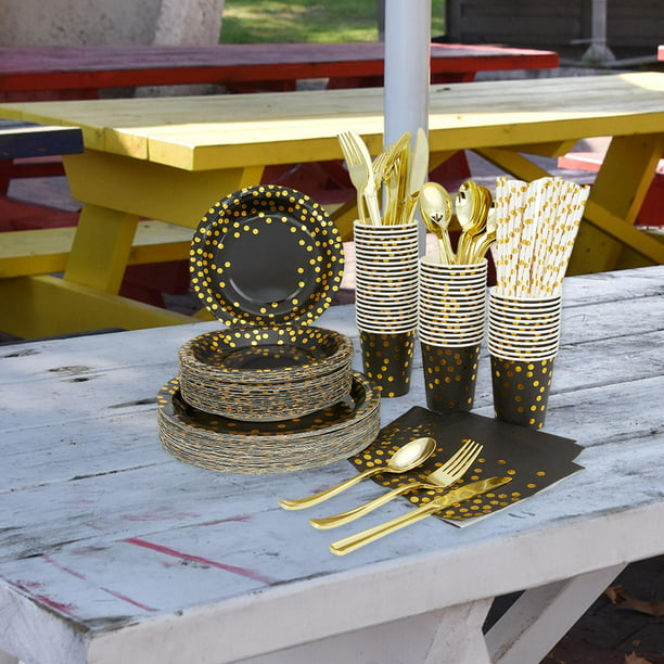 Vajilla desechable Suministros de decoración Cucharas de tenedores  Servilletas de siete cubiertos Vajilla para Festival Oro Gloria Vajillas  Desechables