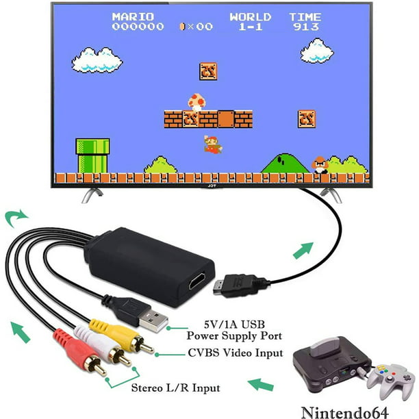 Adaptador RCA a HDMI, convertidor AV de 2 puertos a HDMI, adaptador de  convertidor de audio de vídeo CVBS compuesto para N64/PS2/STB/VHS/VCR/DVD