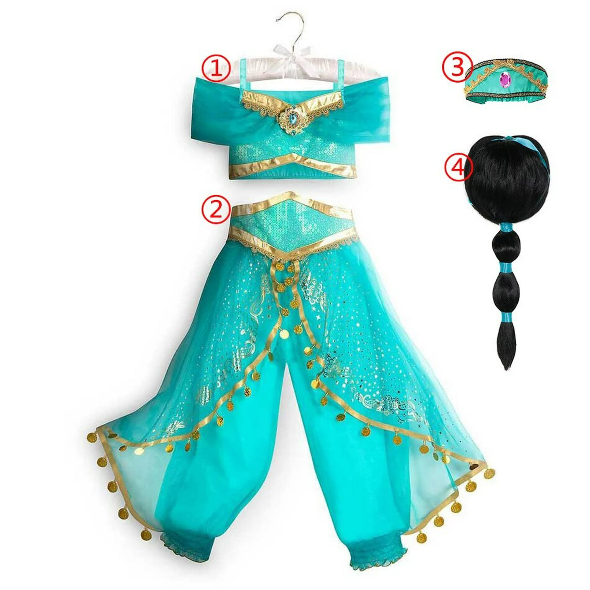  Disfraz de princesa jazmín para mujeres y niñas, disfraz de  Aladdín y jazmín, disfraz azul, para fiesta de Halloween (conjunto 4, talla  XL) : Ropa, Zapatos y Joyería