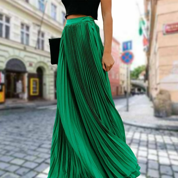 Falda Plisada Falda elegante para mujer Falda larga de talle alto Ropa  diaria retro (Verde XL) Cgtredaw Para estrenar