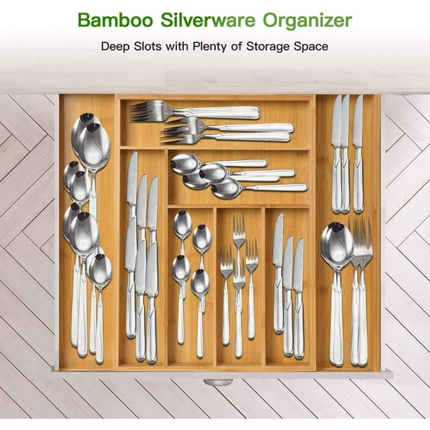 Organizador de cajones expandible de bambú para utensilios, bandeja de  cubiertos ajustable, organizador de cajones de madera para cubiertos,  cuchillos en cocina, dormitorio, sala de estar