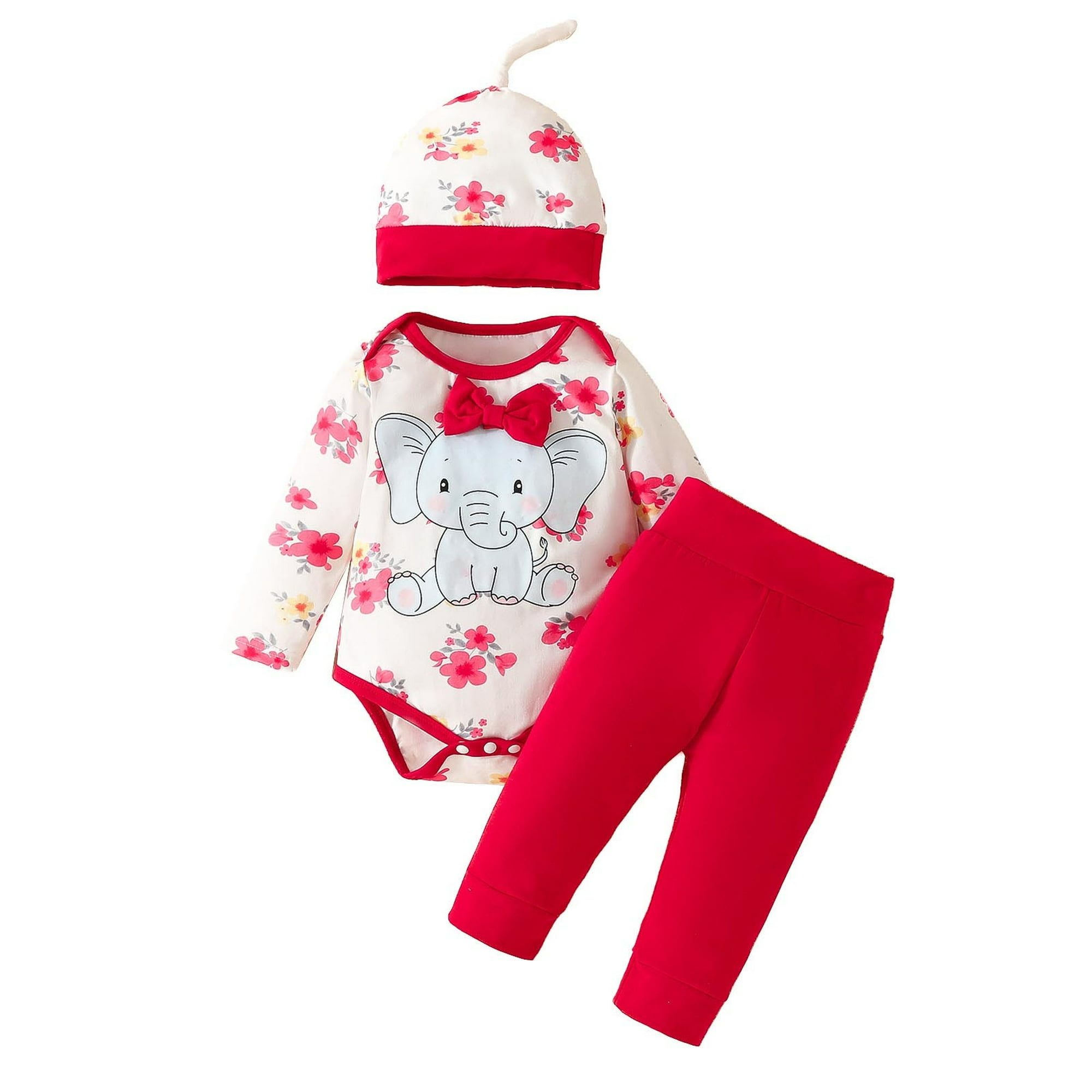 Gibobby Conjunto para bebé niña con estampado de animados de manga larga  para niñas pequeñas, pantalones, diademas, trajes(Rojo,0-3 Meses)