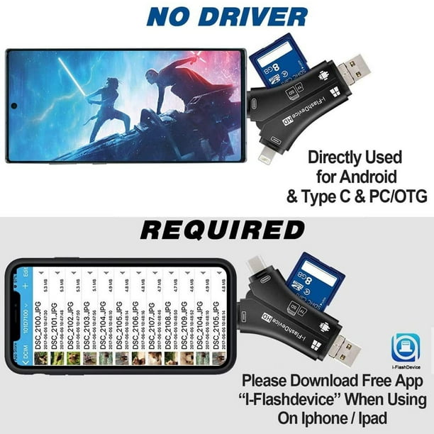 Adaptador de lector de tarjetas SD TF para iPhone/iPad, kit de conexión de  cámara USB OTG 4 en 1 con lector de tarjetas SD TF y adaptador de carga