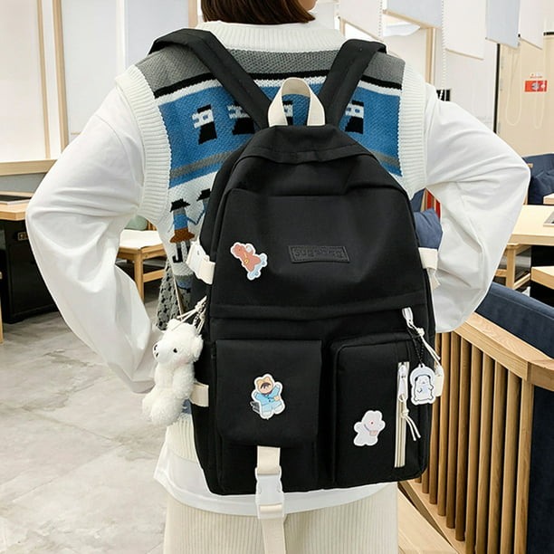 Mochila Mujer Bolso 5 unids/set mochila de mujer moda Casual mochilas  escolares lona para vacaciones (negro)