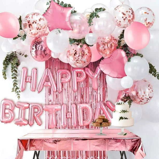  Decoraciones de cumpleaños rosas para mujeres, decoraciones de  fiesta de feliz cumpleaños para niñas, cortina de flecos rosa, pancarta de  feliz cumpleaños, globo de feliz cumpleaños, letras de globos de feliz