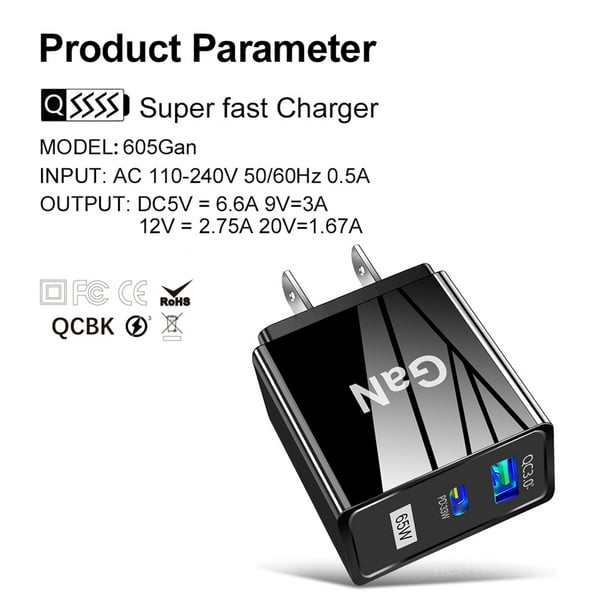 Cargador GaN de 65 W Cargador rápido QC3.0 de 2 puertos para iPhone 13 Pro  (EE. UU. Negro)