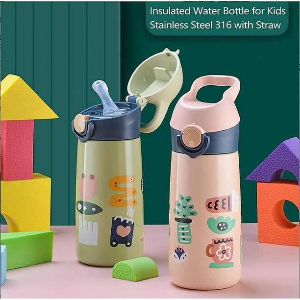 Botella de agua aislada para niños con tapa abatible de pajita, botellas de  agua de acero inoxidable para niños para la escuela de boca ancha, vaso de  vacío de grado alimenticio sin