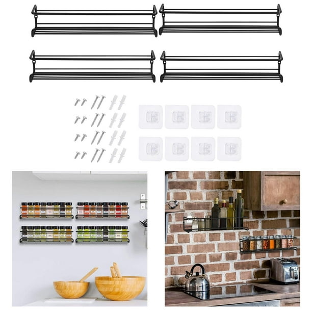 Estante de especias colgante para montaje en pared, 4 estantes de especias  elegantes y resistentes, organizador de especias de metal negro para pared