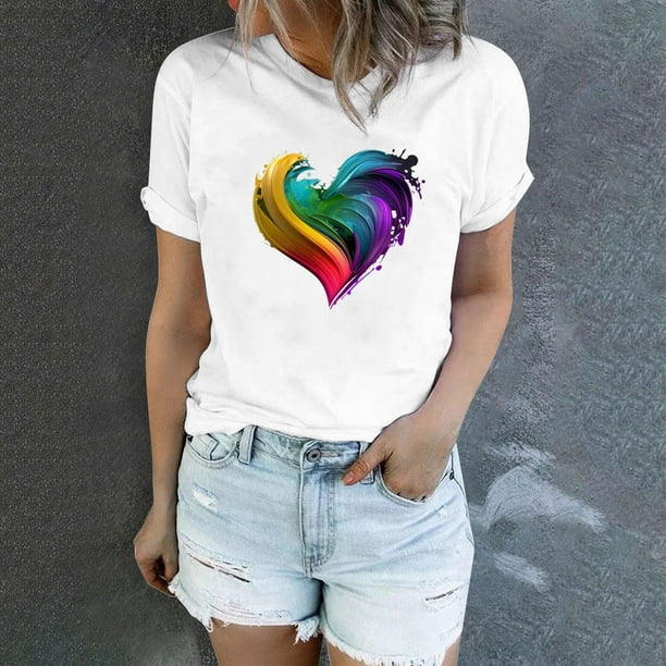 Camisetas de manga larga para mujer, de gran tamaño, sueltas, con estampado  de corazón, casual, cuello redondo, blusa suave, de manga larga blanca