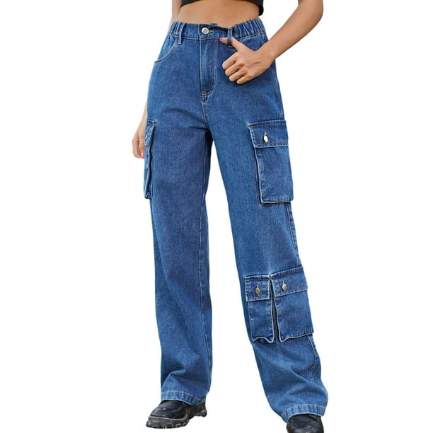 Gibobby Jeans dama Pantalones cargo con diseño de múltiples bolsillos y  lavado de mezclilla Pantalones largos casuales para mujer(Azul,XL)