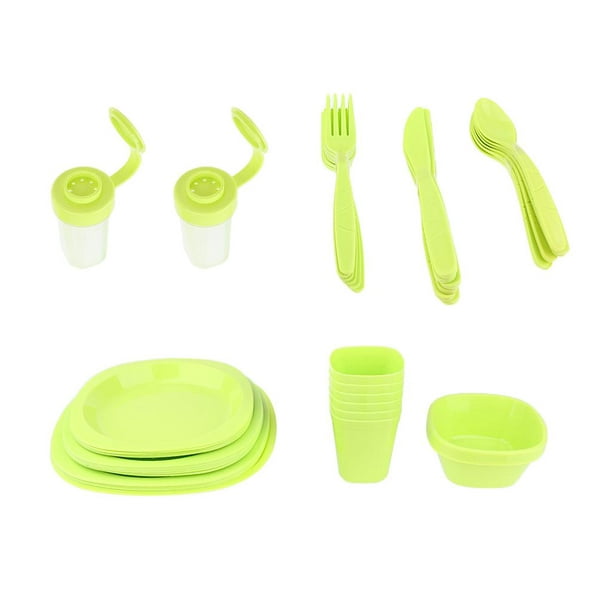 Juego de vajilla de plástico reutilizable (12 piezas) – Ideal para niños.  Platos de plástico duro, lazos y tazas en colores verdes – Cubertería y