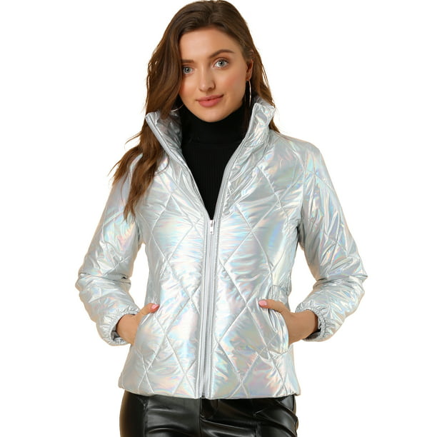 Chaqueta acolchada de plumón metálico acolchado con brillante holográfica mujer Plata XL Unique Bargains Chaqueta Acolchada | Walmart en